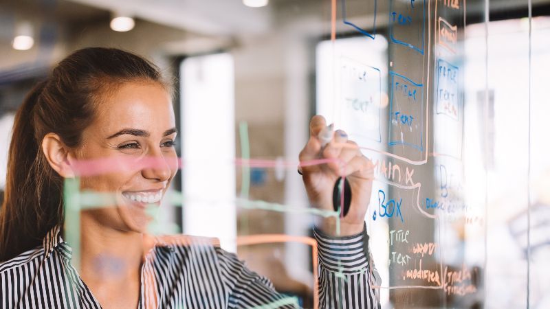 Junge Frau an durchsichtigem Whiteboard